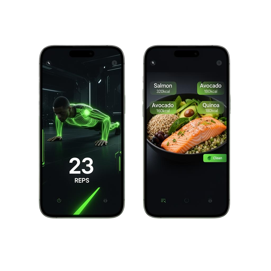 Reps app showing AI pose tracking and meal scanning on two phones